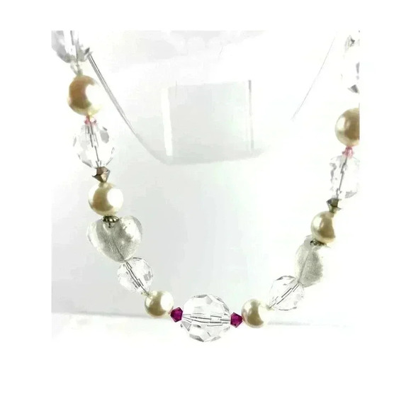 Clear Chunky Glass Heart Plastic Beaded Necklace Wired Faux Pearl 18" long - Picture 11 of 11